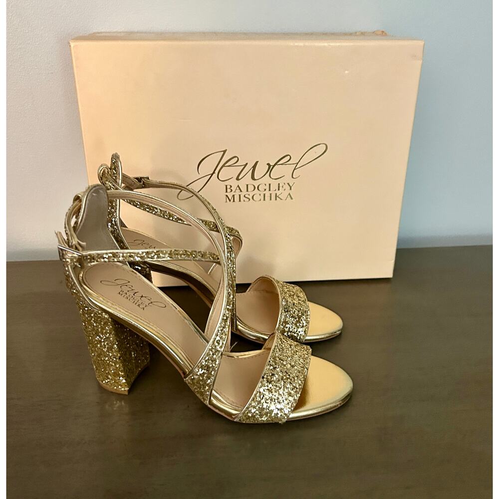 Jewel Badgley Mischka Gold Glitter Block Heel Sandals